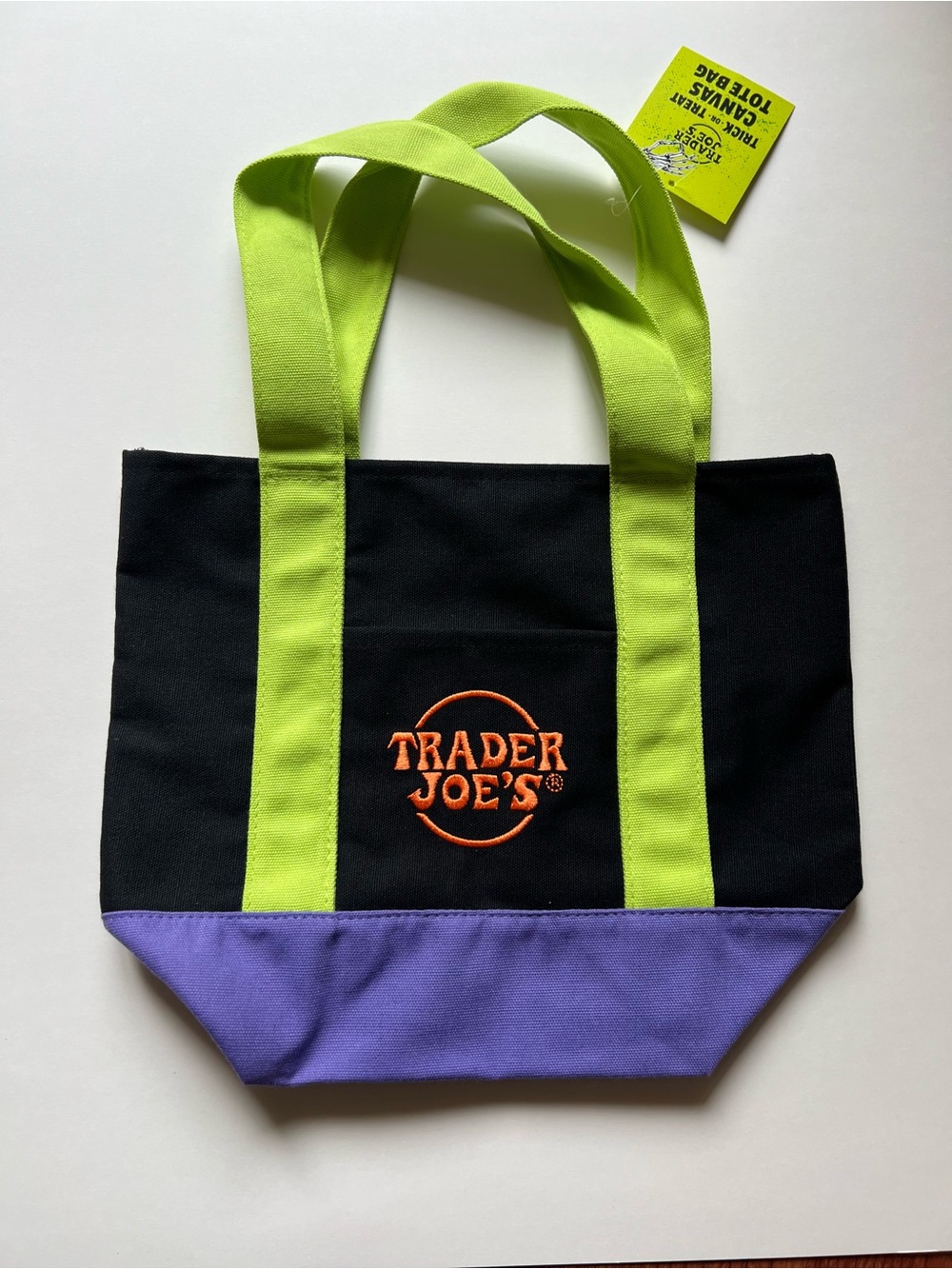 Trader Joe's Black Tote with Lime Handles and Purple Base